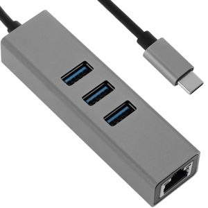 Conversor de USB-C 3.0 a 3xUSB 3.0 y Ethernet RJ45 color gris