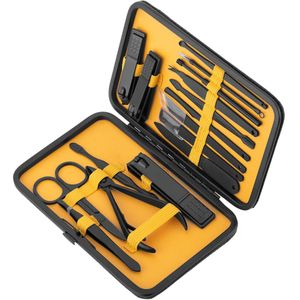 Kit de estuche de manicura y pedicura profesional, set de 16 accesorios de acero inoxidable, color negro
