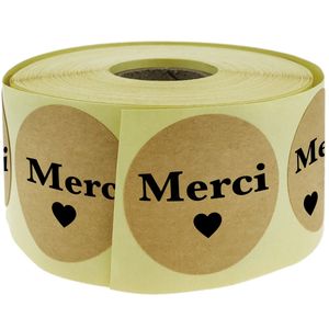 Pegatinas redondas de papel kraft “Merci” de 25 mm, rollo bobina de 500 etiquetas de color marrón