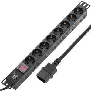 Regleta de enchufes para armario rack 19" 1U con 8 schuko e interruptor y cable de 3 metros C14