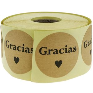 Pegatinas redondas de papel kraft “Gracias” de 25 mm, rollo bobina de 500 etiquetas de color marrón