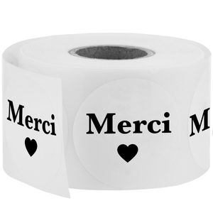 Pegatinas redondas “Merci” de 25 mm, rollo bobina de 500 etiquetas de color blanco
