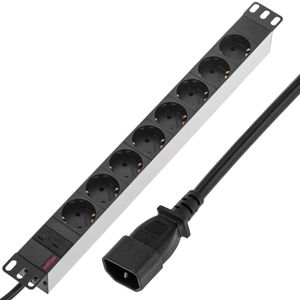 Regleta de enchufes de aluminio para armario rack 19" 1U con 8 Schuko y conector C14