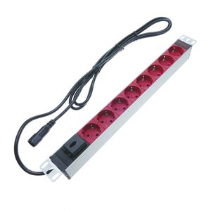Regleta de enchufes rack 19" de 8 schuko rojo con interruptor y cable C14 de RackMatic