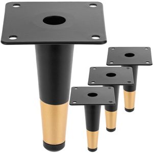 Pack de 4 patas rectas para muebles con forma cónica y protección antideslizante de 12cm color negro y dorado