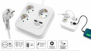 Regleta 3 tomas Schuko, 2 USB, sin interruptor, 1.4m cuadrada