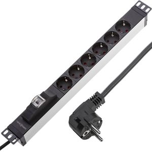 Regleta de enchufes de PVC para armario rack 19” 1U con 6 Schuko negros carcasa gris e interruptor tipo B