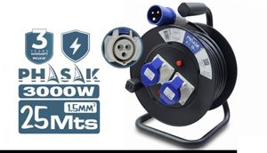 Regleta Phasak de 2 tomas enchufes industriales 2P+TT y enrollador con protección contra sobretensiones 25m