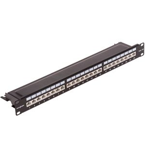 Patch panel rack 24 RJ45 Cat.6A FTP 1U negro con peine para gestión de cables