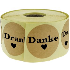 Pegatinas redondas de papel kraft “Danke” de 25 mm, rollo bobina de 500 etiquetas de color marrón